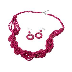 Tigerstars Bold Fuchsia Wooden Ring Layered Twisted Beaded Statement Necklace